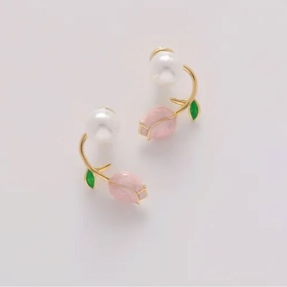 Pink flower stud earrings M208 - Picture 1 of 6